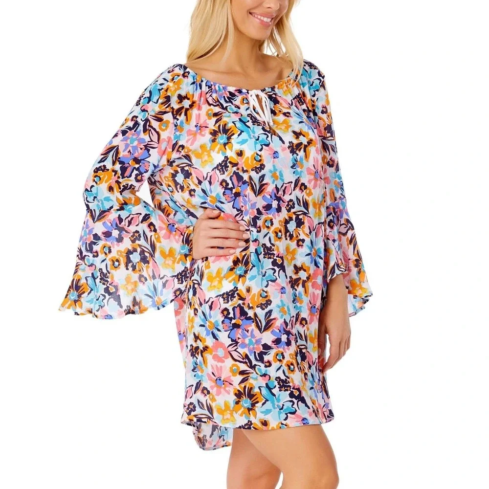 Anne Cole Floral Swim Cover Up XL/XXL Multicolor Ruffle Bell Sleeve ACSC509